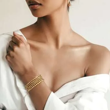 adoyi Gold Bracelets for Women, 14K Gold Plated Beaded Bracelets Strand Bead Ball Bracelet stack Set Adjustable Bracelet Set Jewelry for Gifts (5PCS Gold-B)