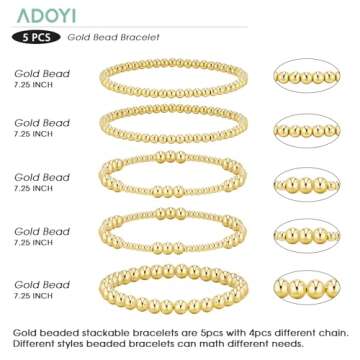 adoyi Gold Bracelets for Women, 14K Gold Plated Beaded Bracelets Strand Bead Ball Bracelet stack Set Adjustable Bracelet Set Jewelry for Gifts (5PCS Gold-B)