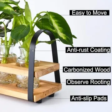 VIKEYHOME Plant Propagation Stations with Wood Stand, Desktop Plant Terrarium for Propagating Hydroponic, Flower Vase for Home Kitchen Office Decor, Plant Lover Gifts