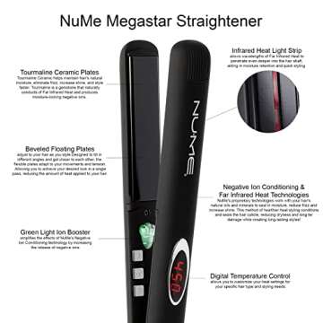 NuMe Megastar Hair Straightener Tourmaline Flat Iron–1 Inch Floating Plates with Negative Ion Booster, Infrared Light Strip, Ideal for All Hair Types – Ultra-Smooth and Shiny Results.