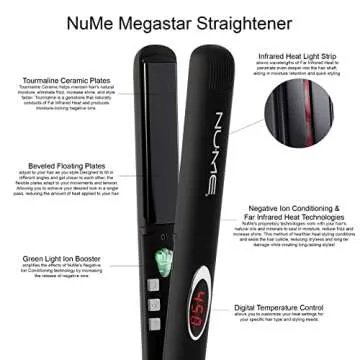 NuMe Megastar Hair Straightener Tourmaline Flat Iron–1 Inch Floating Plates with Negative Ion Booster, Infrared Light Strip, Ideal for All Hair Types – Ultra-Smooth and Shiny Results.