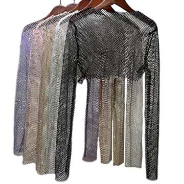 Inzegao Women Sheer Mesh Crop Top Tee Shiny Rhinestone See Through Long Sleeve Streetwear Blouse (Pi...