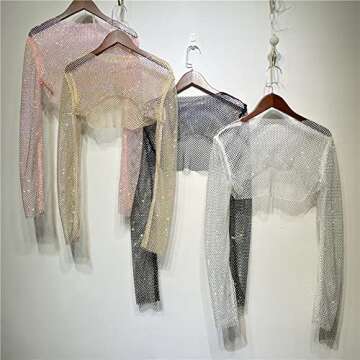 Inzegao Women Sheer Mesh Crop Top Tee Shiny Rhinestone See Through Long Sleeve Streetwear Blouse (Pink)