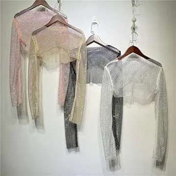 Inzegao Women Sheer Mesh Crop Top Tee Shiny Rhinestone See Through Long Sleeve Streetwear Blouse (Pink)