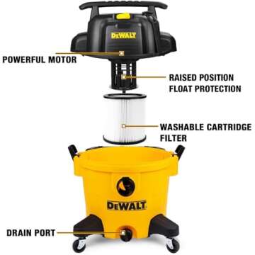 DEWALT 10 Gallon Shop Vacuum Wet and Dry, 5.5 Peak HP Poly Wet Dry Vacuum Cleaner with Attachments, 2-Stage Motor, Portable Handle/Caster with Drain Blower, DXV10PZ for Car, Garage, Workshop, Pet Hair