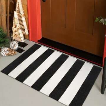 LEEVAN Black and White Rug 2X3, Washable Black Door Mat Cotton Woven Front Porch Rug, Layered Door M...