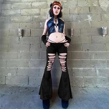 Goth Bell Bottom Pants for Women - Black Flare Ripped Distressed Wide Leg