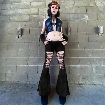 Goth Bell Bottom Pants for Women - Black Flare Ripped Distressed Wide Leg