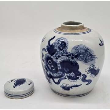 Retro Antique Like Style Blue and White Porcelain Lion Dancing Ceramic Covered Ginger Jar Vase, China Ming Style, Jingdezhen (LJ2)