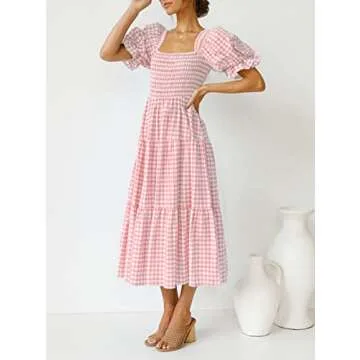 ZESICA Women's 2024 Bohemian Summer Plaid Square Neck Puff Sleeve Ruffle Flowy Beach Midi Dress,Pink,Small