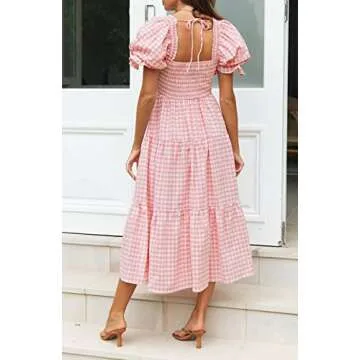 ZESICA Women's 2024 Bohemian Summer Plaid Square Neck Puff Sleeve Ruffle Flowy Beach Midi Dress,Pink,Small