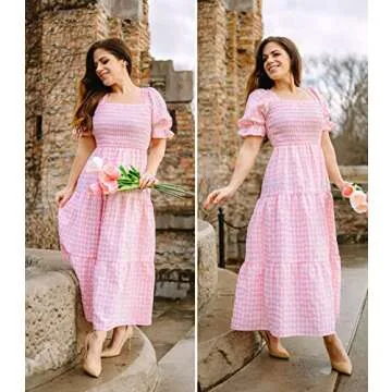 ZESICA Women's 2024 Bohemian Summer Plaid Square Neck Puff Sleeve Ruffle Flowy Beach Midi Dress,Pink,Small
