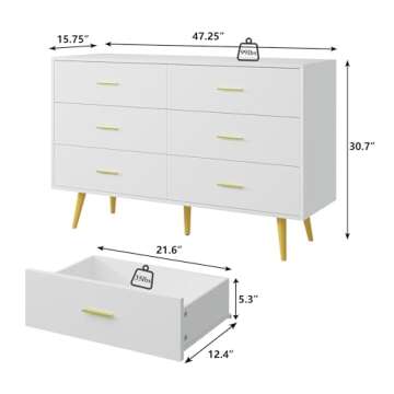 White Dresser for Bedroom, 6 Drawer Wood Dresser with Golden Handles, Modern Dressers & Chests of St...