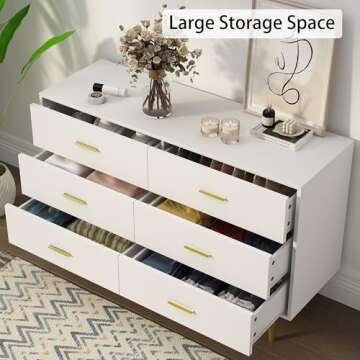White Dresser for Bedroom, 6 Drawer Wood Dresser with Golden Handles, Modern Dressers & Chests of Storage Drawer for Entryway Hallway