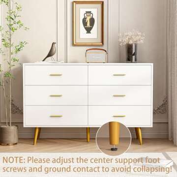 White Dresser for Bedroom, 6 Drawer Wood Dresser with Golden Handles, Modern Dressers & Chests of Storage Drawer for Entryway Hallway