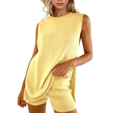 BQDCQB Womens Summer Sweater Set Sleeveless Knit Top Matching Shorts Set 2 Piece Outfits Beach Vacat...