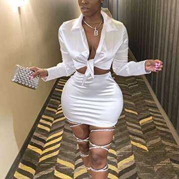 LuFeng Womens Satin Sexy Self Tie Front Long Sleeve 2 Piece Outfits Crop Top and Mini Bodycon Skirt Set