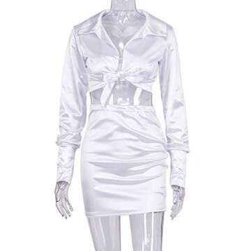 LuFeng Womens Satin Sexy Self Tie Front Long Sleeve 2 Piece Outfits Crop Top and Mini Bodycon Skirt Set