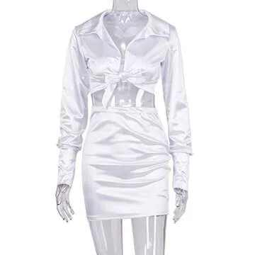 LuFeng Womens Satin Sexy Self Tie Front Long Sleeve 2 Piece Outfits Crop Top and Mini Bodycon Skirt Set