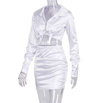 LuFeng Womens Satin Sexy Self Tie Front Long Sleeve 2 Piece Outfits Crop Top and Mini Bodycon Skirt Set