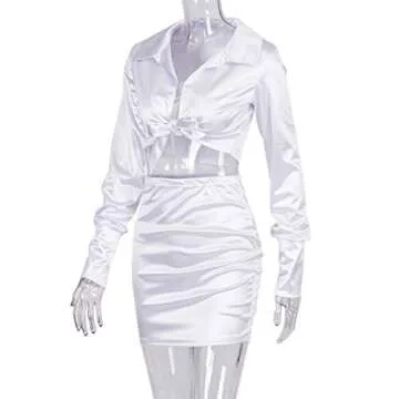 LuFeng Womens Satin Sexy Self Tie Front Long Sleeve 2 Piece Outfits Crop Top and Mini Bodycon Skirt Set