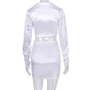 LuFeng Womens Satin Sexy Self Tie Front Long Sleeve 2 Piece Outfits Crop Top and Mini Bodycon Skirt Set