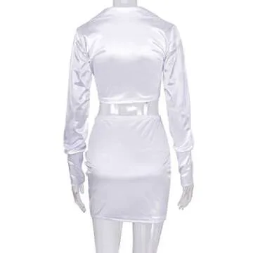 LuFeng Womens Satin Sexy Self Tie Front Long Sleeve 2 Piece Outfits Crop Top and Mini Bodycon Skirt Set