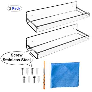 AMT 2 Pack Acrylic Floating Shelves, 15" L x 4" W, Clear Bathroom Wall, Bookshelves, Invisible Display for Office, Bedroom, Small Gap Allows Water to Escape, Free Screws & Drill Bit (L- New Model)