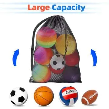 GSE Games & Sports Expert Extra Large Mesh Sports Ball Drawstring Bag, 30" x 40" Soccer Equipment Bag with Adjustable Shoulder Strap for Football, Basketball, Volleyball, Swimming (Black)