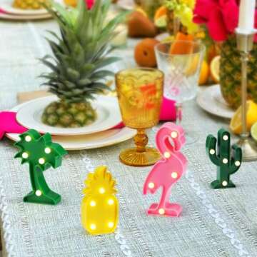 Hawaiian Party Lights - 4 Pack Mini LED Flamingo Cactus-Shaped Pineapple Palm Tree Sign Lamps Tropical Themed Party Decorations Supplies, Desk Table Wall Night Lights Indoor Decor for Kids' Room