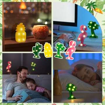 Hawaiian Party Lights - 4 Pack Mini LED Flamingo Cactus-Shaped Pineapple Palm Tree Sign Lamps Tropical Themed Party Decorations Supplies, Desk Table Wall Night Lights Indoor Decor for Kids' Room