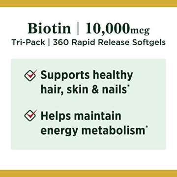 Nature's Bounty Biotin 10,000mcg, Supports Beautiful Hair, Glowing Skin and Healthy Nails, Rapid Release Softgels, 120 Count (Pack of 3)