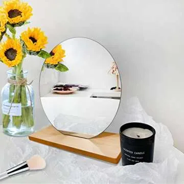 ADISEN Acrylic Makeup Mirror for Desk with Stand, Small Mirror with Wooden Stand for Office Table, Round Vanity Mirror Frameless for Bedroom, Office and Minimal Space Decorative (Round)