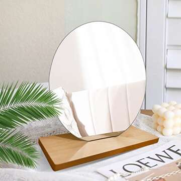 ADISEN Acrylic Makeup Mirror for Desk with Stand, Small Mirror with Wooden Stand for Office Table, Round Vanity Mirror Frameless for Bedroom, Office and Minimal Space Decorative (Round)