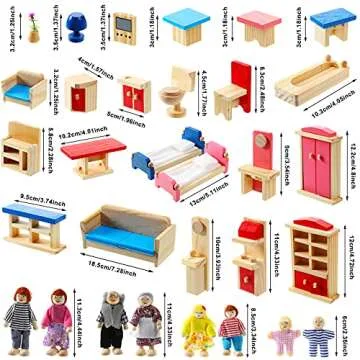 Sumind 35 Pcs Wooden Doll House Furniture and Accessories Set with 27 Pcs Dollhouse Furniture 8 Pcs Doll House Family Figures for Dollhouse Family Set