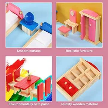 Sumind 35 Pcs Wooden Doll House Furniture and Accessories Set with 27 Pcs Dollhouse Furniture 8 Pcs Doll House Family Figures for Dollhouse Family Set