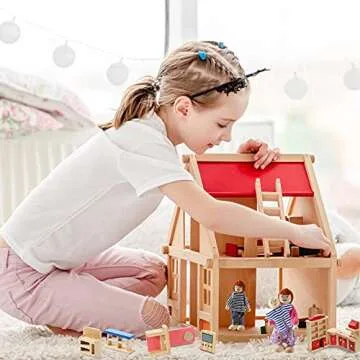 Sumind 35 Pcs Wooden Doll House Furniture and Accessories Set with 27 Pcs Dollhouse Furniture 8 Pcs Doll House Family Figures for Dollhouse Family Set