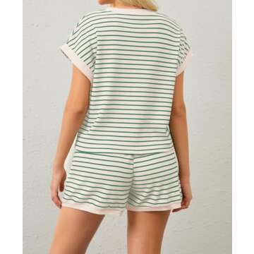 Burtell Women Summer 2 Piece Lounge Sets Striped Short Sleeve Tee Shirts Mini Shorts Loungewear Shorts Set Ribbed Pajama Set