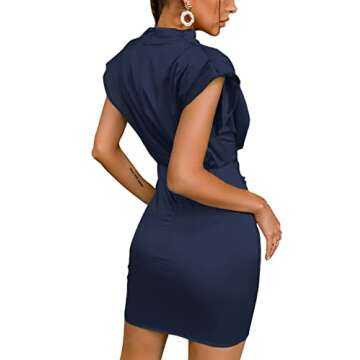 LYANER Women's Satin Silk Shoulder Pad Ruched Bodycon Sleeveless Mini Tank Dress Navy Blue Medium