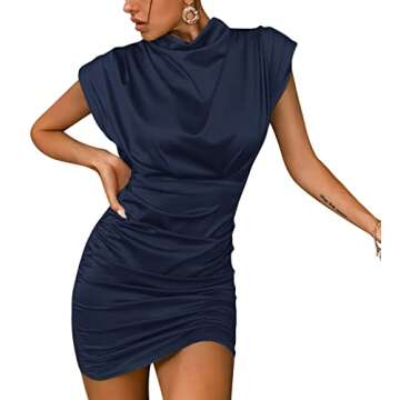 LYANER Women's Satin Silk Shoulder Pad Ruched Bodycon Sleeveless Mini Tank Dress Navy Blue Medium