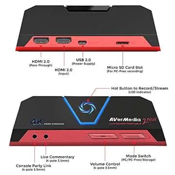 AVerMedia Live Gamer Portable 2 Plus Game Capture Card, 4K Pass Through, Low Latency, Recording and Streaming for Nintendo Switch, PlayStation 4, Xbox (GC513)