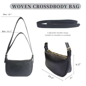 Woven Crossdbody Bag Vegan Leather Bag For Women Crescent Shoulder Hobo Handbag with 2 Adjustable Strap (Black)