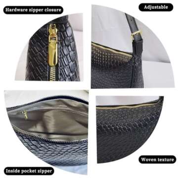 Woven Crossdbody Bag Vegan Leather Bag For Women Crescent Shoulder Hobo Handbag with 2 Adjustable Strap (Black)