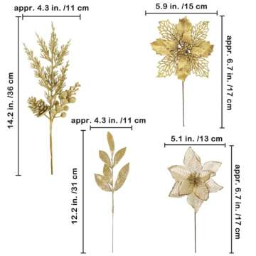Winlyn 35 Pcs Christmas Artificial Poinsettia Flowers Picks and Artificial Leaves Sprays Gold Glitte...