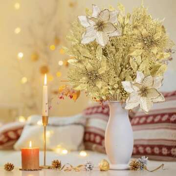 Winlyn 35 Pcs Christmas Artificial Poinsettia Flowers Picks and Artificial Leaves Sprays Gold Glitter Christmas Floral Picks for Gold Christmas Tree Holiday Centerpiece Wreath Garland Decorations