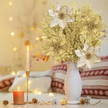 Winlyn 35 Pcs Christmas Artificial Poinsettia Flowers Picks and Artificial Leaves Sprays Gold Glitter Christmas Floral Picks for Gold Christmas Tree Holiday Centerpiece Wreath Garland Decorations