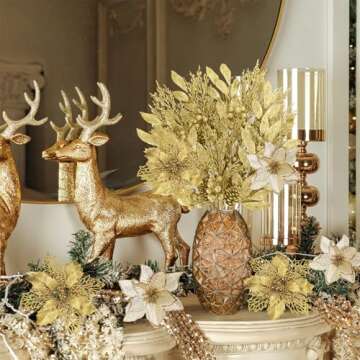 Winlyn 35 Pcs Christmas Artificial Poinsettia Flowers Picks and Artificial Leaves Sprays Gold Glitter Christmas Floral Picks for Gold Christmas Tree Holiday Centerpiece Wreath Garland Decorations