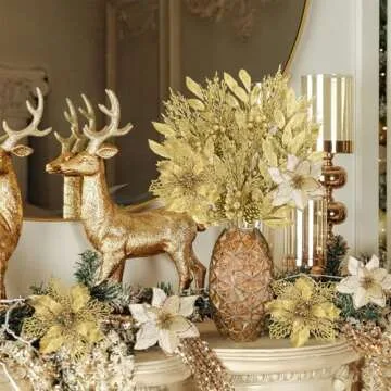 Winlyn 35 Pcs Christmas Artificial Poinsettia Flowers Picks and Artificial Leaves Sprays Gold Glitter Christmas Floral Picks for Gold Christmas Tree Holiday Centerpiece Wreath Garland Decorations