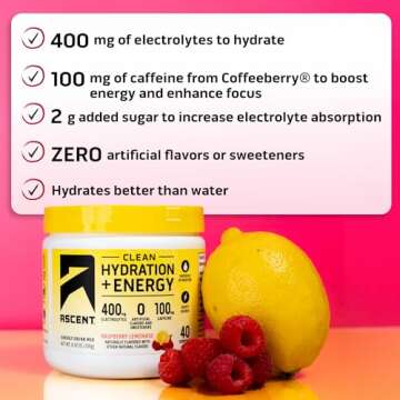 Ascent Clean Hydration + Energy Electrolytes Powder - 100mg Caffeine, 400mg Electrolytes, No Artific...