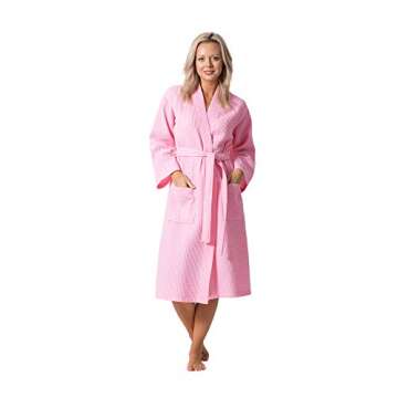 Turkish Linen Waffle Knit Lightweight Kimono Spa & Bath Robes for Women - Quick Dry - Soft (Pink, La...